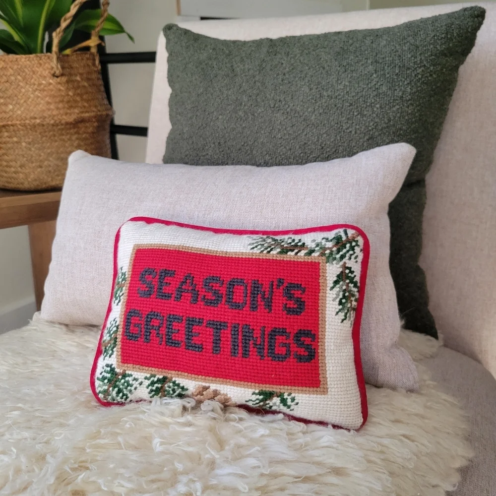 Vintage Christmas “Seasons Greeting” Needlepoint Pillow 6x8